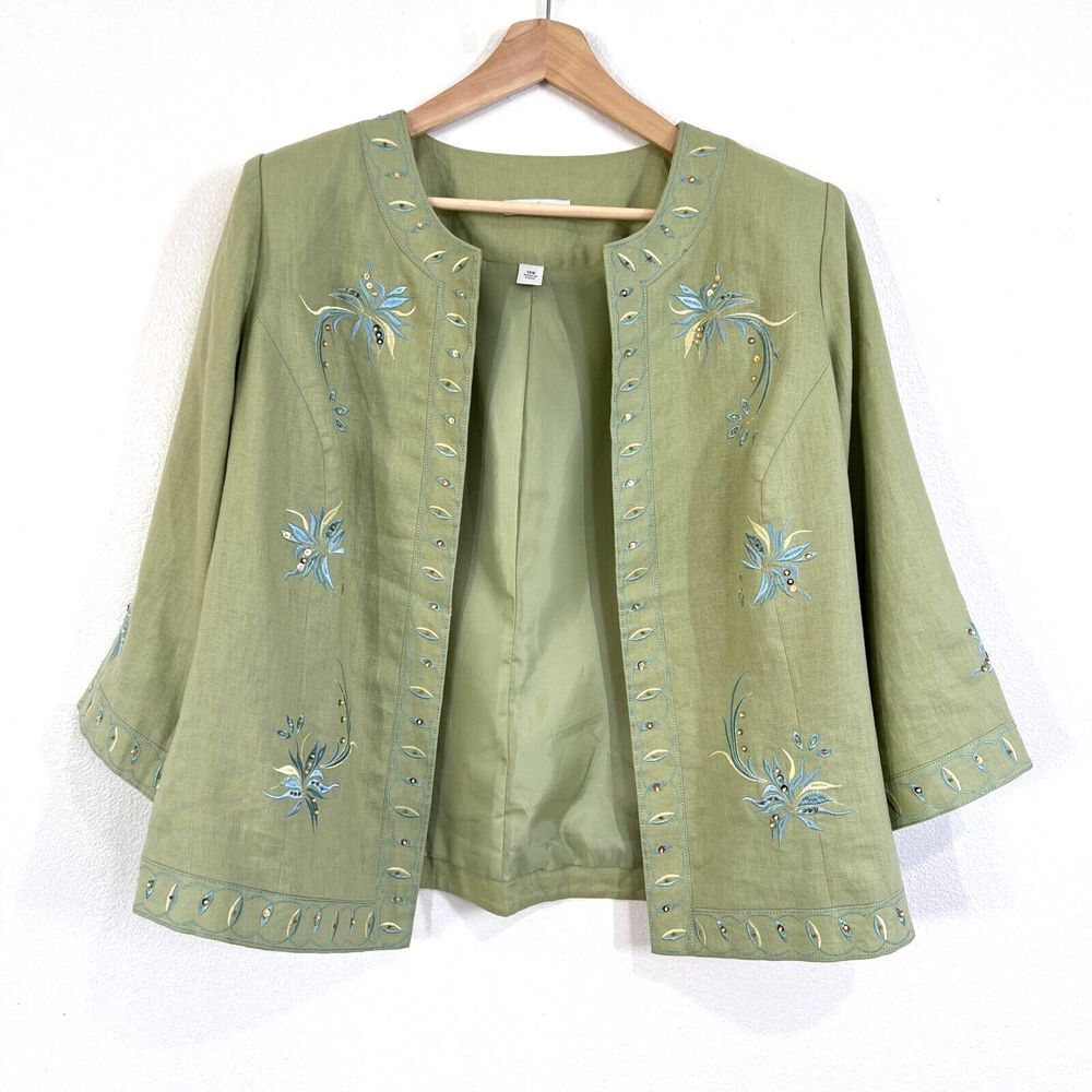 Dressbarn Blazer Womens 14 Sage Green Linen Floral Embroideries Career Business